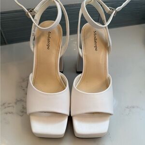 Modatope White Block Heel Sandals with Ankle Strap